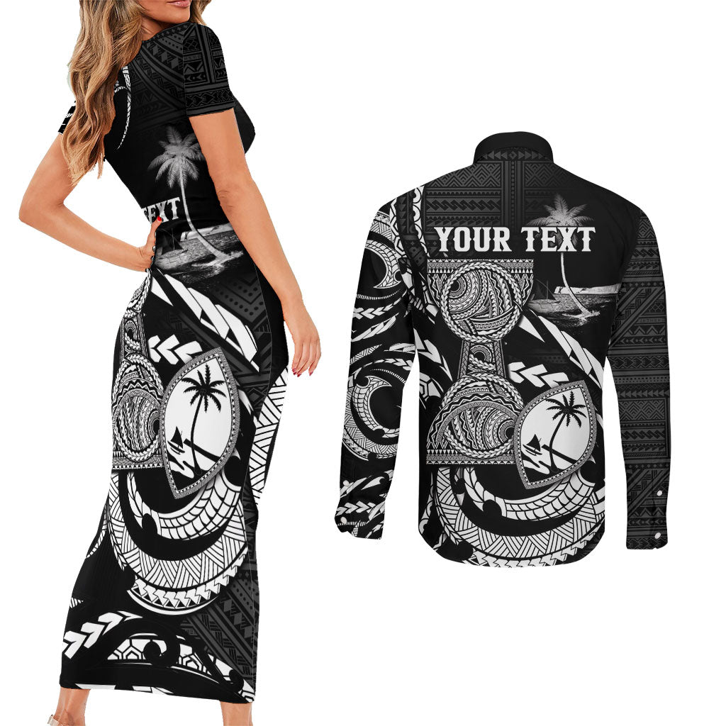 Personalised Guam Liberation Day Couples Matching Short Sleeve Bodycon Dress and Long Sleeve Button Shirt Black White Latte Stone Tribal Patterns