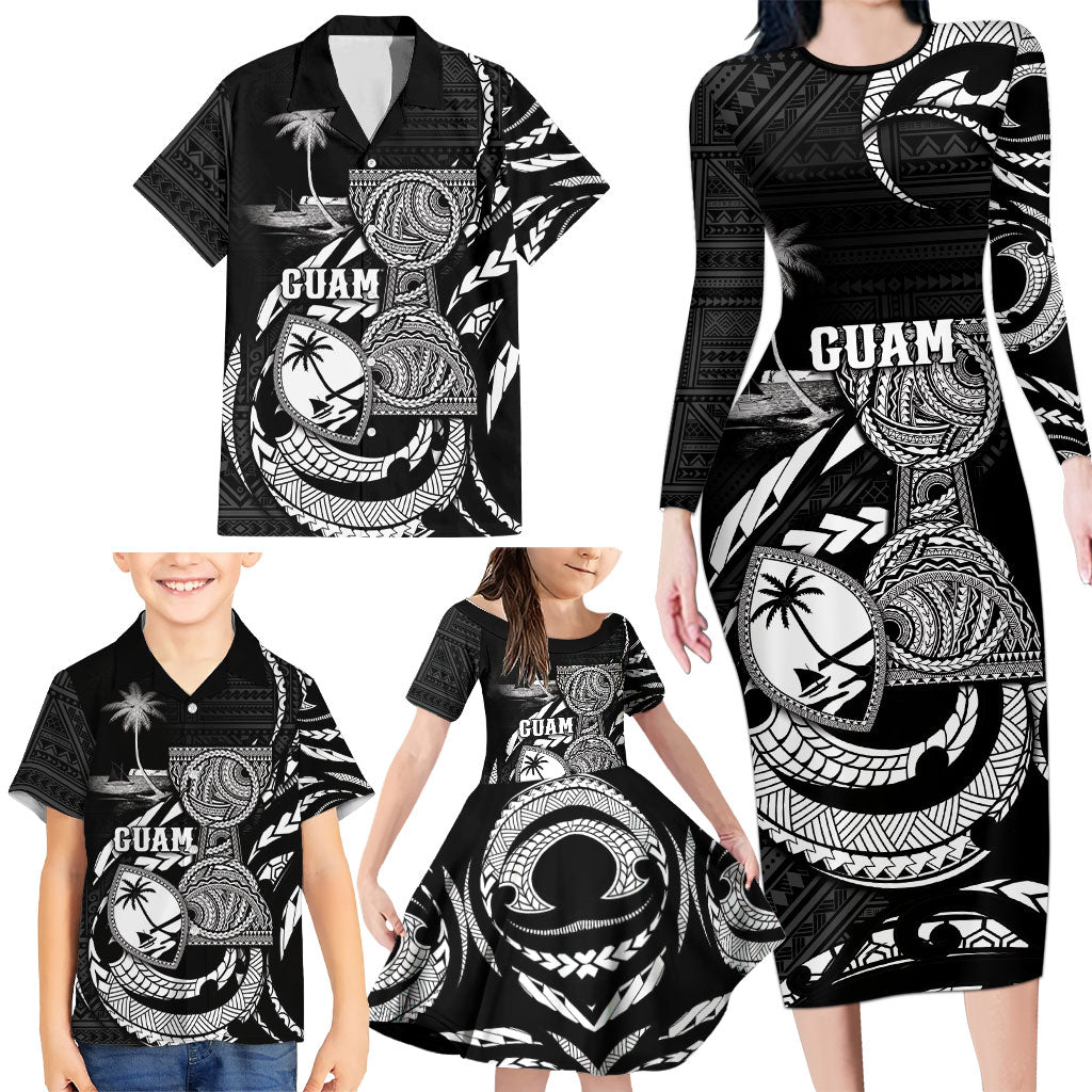 Personalised Guam Liberation Day Family Matching Long Sleeve Bodycon Dress and Hawaiian Shirt Black White Latte Stone Tribal Patterns