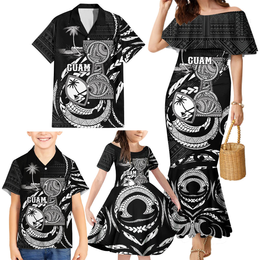 Personalised Guam Liberation Day Family Matching Mermaid Dress and Hawaiian Shirt Black White Latte Stone Tribal Patterns DT05 - Polynesian Pride