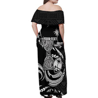Personalised Guam Liberation Day Family Matching Off Shoulder Maxi Dress and Hawaiian Shirt Black White Latte Stone Tribal Patterns