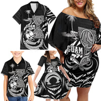 Personalised Guam Liberation Day Family Matching Off Shoulder Short Dress and Hawaiian Shirt Black White Latte Stone Tribal Patterns