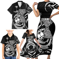 Personalised Guam Liberation Day Family Matching Short Sleeve Bodycon Dress and Hawaiian Shirt Black White Latte Stone Tribal Patterns