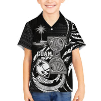 Personalised Guam Liberation Day Family Matching Short Sleeve Bodycon Dress and Hawaiian Shirt Black White Latte Stone Tribal Patterns