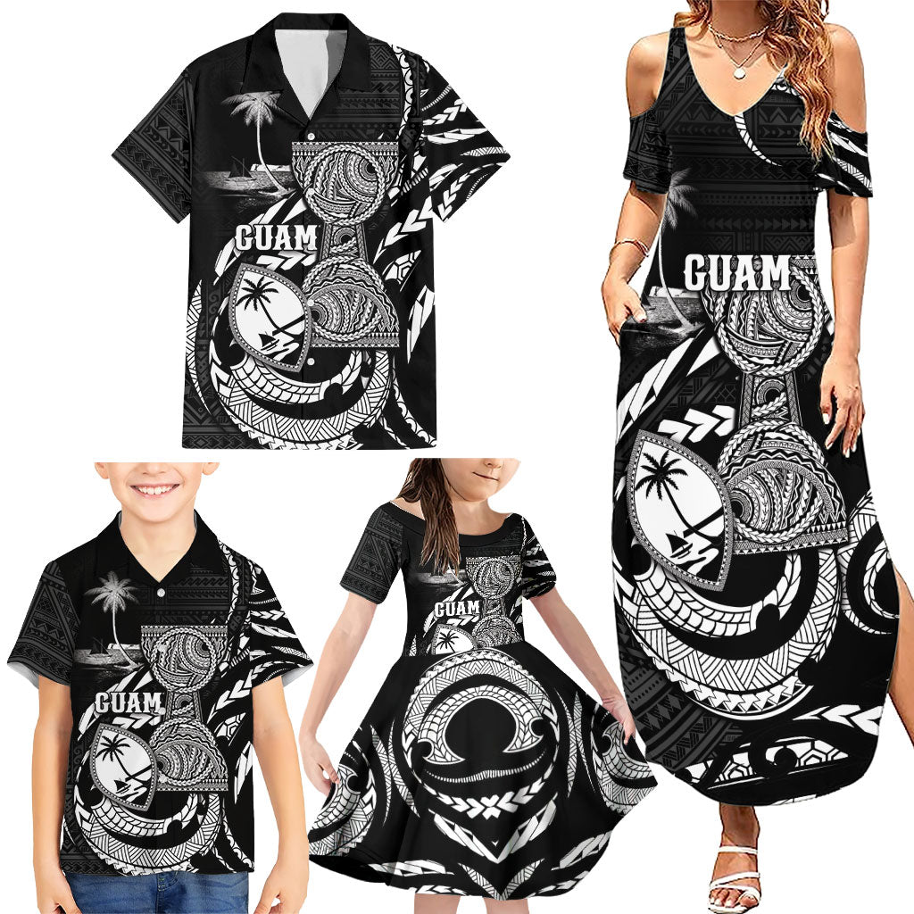 Personalised Guam Liberation Day Family Matching Summer Maxi Dress and Hawaiian Shirt Black White Latte Stone Tribal Patterns DT05 - Polynesian Pride