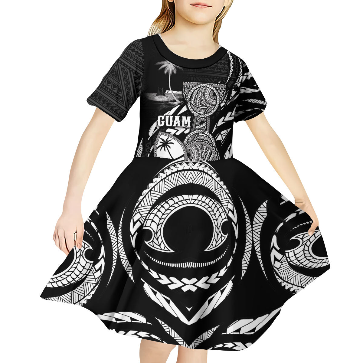 Personalised Guam Liberation Day Kid Short Sleeve Dress Black White Latte Stone Tribal Patterns DT05 - Polynesian Pride