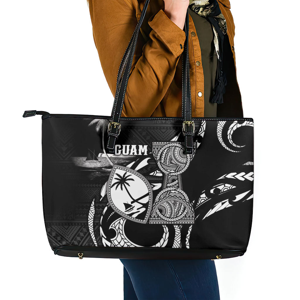 Guam Liberation Day Leather Tote Bag Black White Latte Stone Tribal Patterns