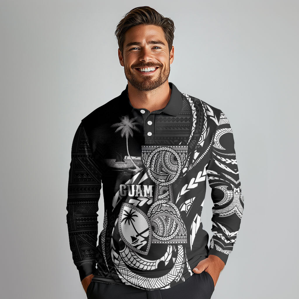Personalised Guam Liberation Day Long Sleeve Polo Shirt Black White Latte Stone Tribal Patterns DT05 - Polynesian Pride