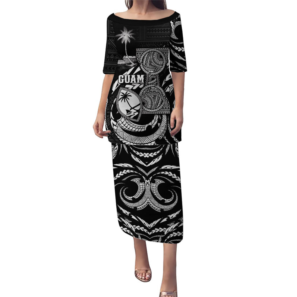 Personalised Guam Liberation Day Puletasi Black White Latte Stone Tribal Patterns DT05 Long Dress Black - Polynesian Pride