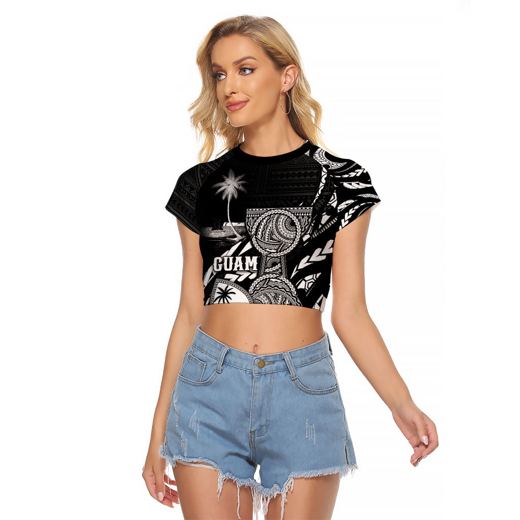 Personalised Guam Liberation Day Raglan Cropped T Shirt Black White Latte Stone Tribal Patterns