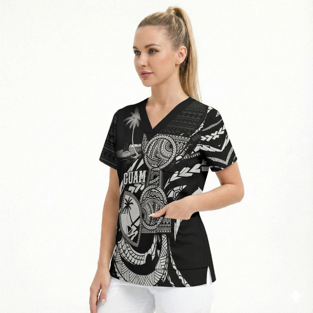 Personalised Guam Liberation Day Scrub Top Black White Latte Stone Tribal Patterns