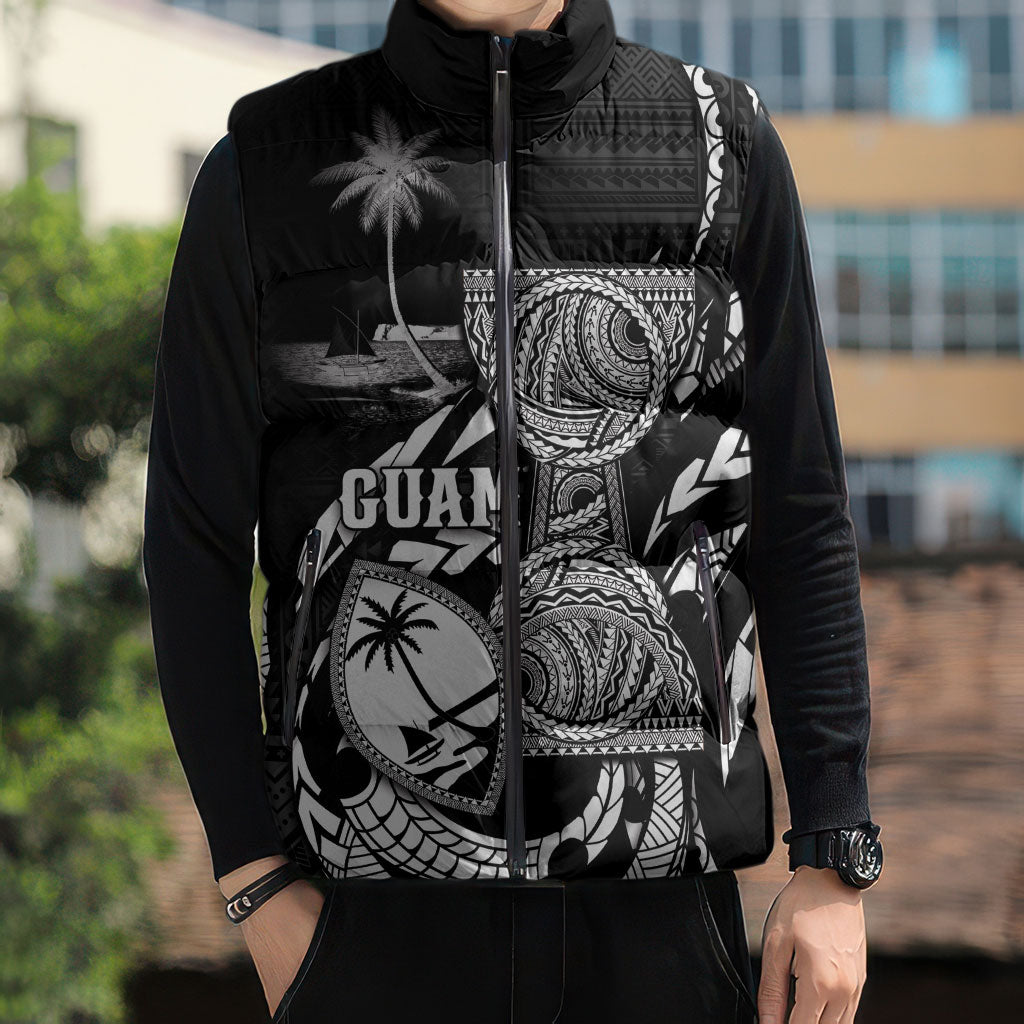 Personalised Guam Liberation Day Sleeveless Puffer Jacket Black White Latte Stone Tribal Patterns