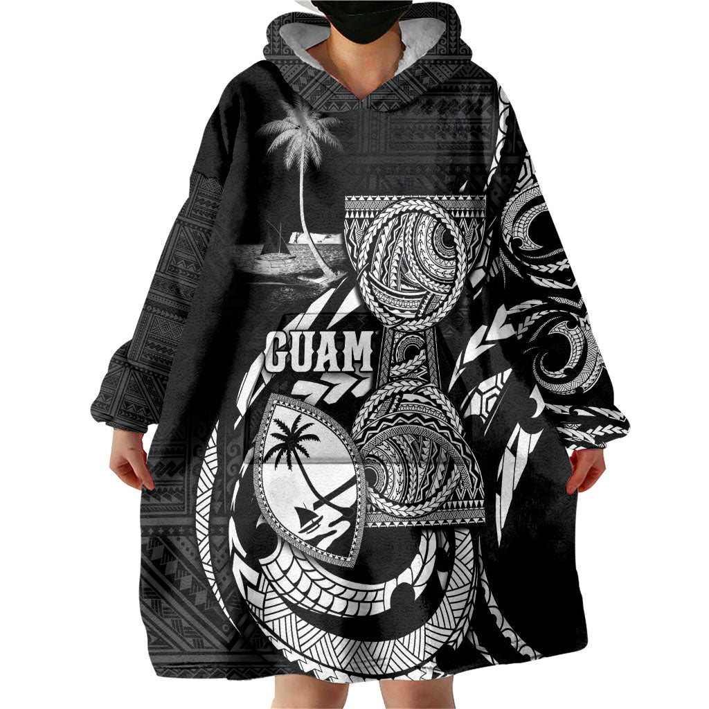 Personalised Guam Liberation Day Wearable Blanket Hoodie Black White Latte Stone Tribal Patterns DT05 - Polynesian Pride