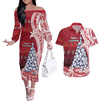 American Samoa Christmas Couples Matching Off The Shoulder Long Sleeve Dress and Hawaiian Shirt Seashell Xmas Tree Tribal Waves - Polynesian Pride