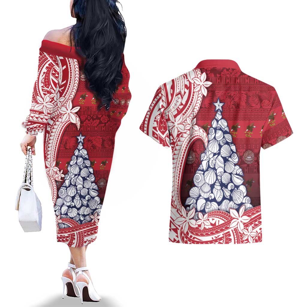 American Samoa Christmas Couples Matching Off The Shoulder Long Sleeve Dress and Hawaiian Shirt Seashell Xmas Tree Tribal Waves - Polynesian Pride