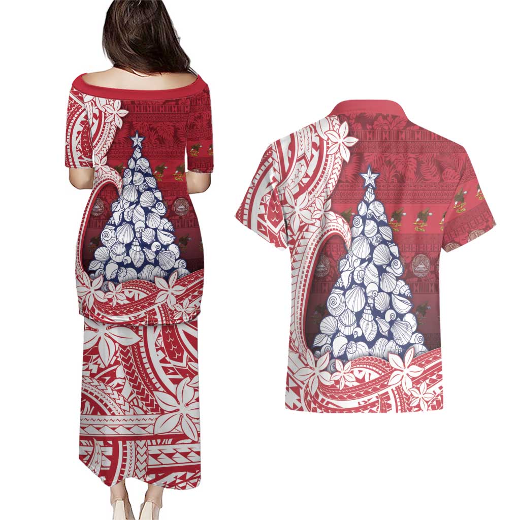 American Samoa Christmas Couples Matching Puletasi and Hawaiian Shirt Seashell Xmas Tree Tribal Waves - Polynesian Pride