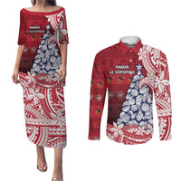 American Samoa Christmas Couples Matching Puletasi and Long Sleeve Button Shirt Seashell Xmas Tree Tribal Waves - Polynesian Pride