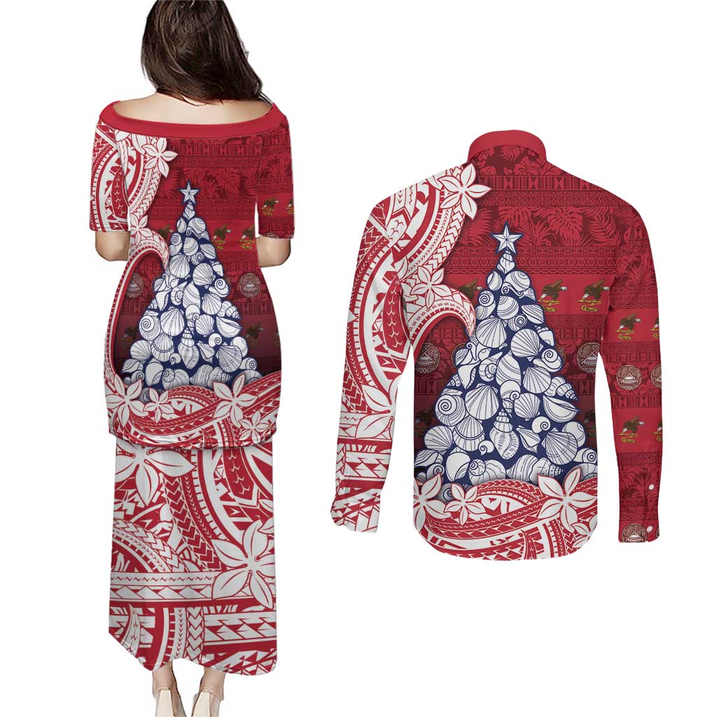 American Samoa Christmas Couples Matching Puletasi and Long Sleeve Button Shirt Seashell Xmas Tree Tribal Waves - Polynesian Pride