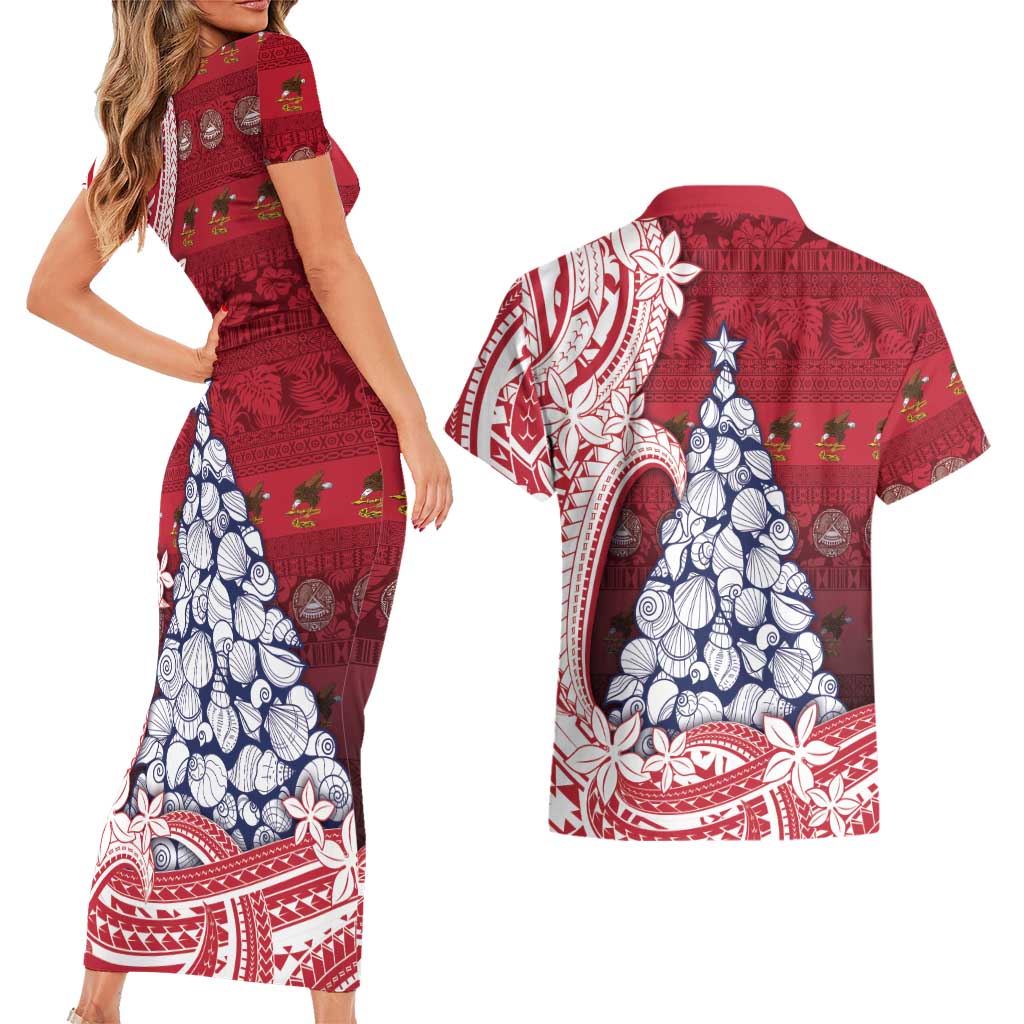 American Samoa Christmas Couples Matching Short Sleeve Bodycon Dress and Hawaiian Shirt Seashell Xmas Tree Tribal Waves - Polynesian Pride