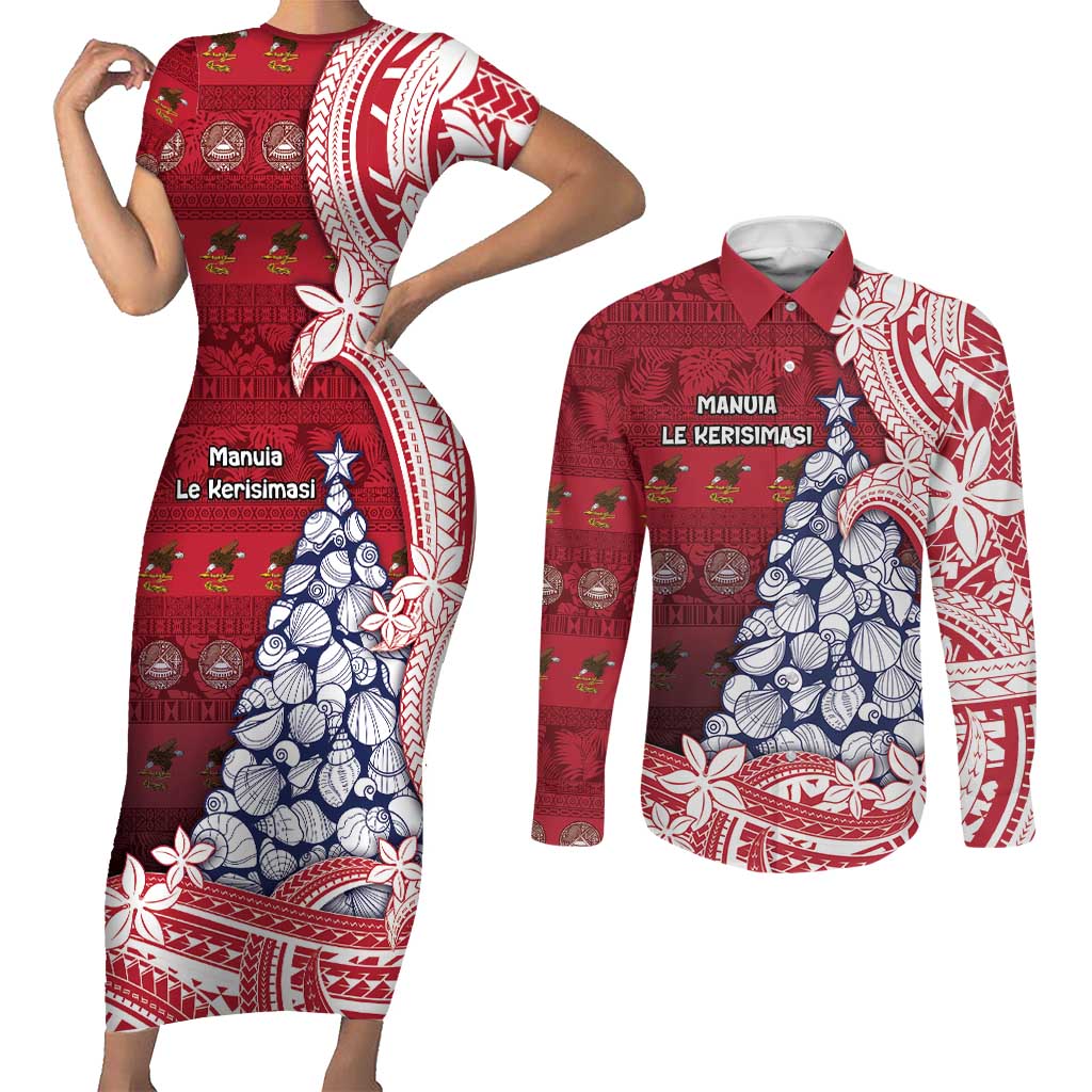 American Samoa Christmas Couples Matching Short Sleeve Bodycon Dress and Long Sleeve Button Shirt Seashell Xmas Tree Tribal Waves - Polynesian Pride