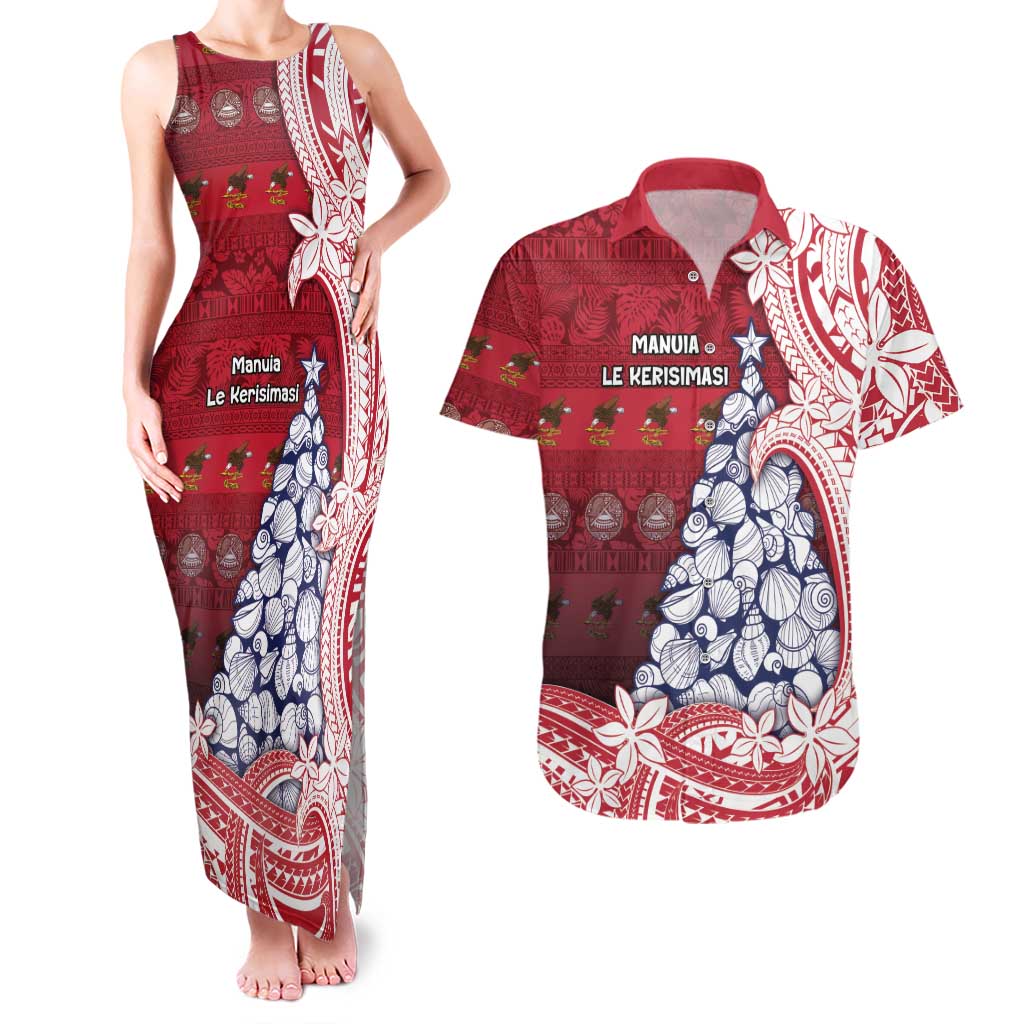 American Samoa Christmas Couples Matching Tank Maxi Dress and Hawaiian Shirt Seashell Xmas Tree Tribal Waves - Polynesian Pride