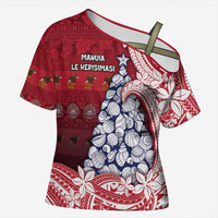 American Samoa Christmas Cross Shoulder Shirt Seashell Xmas Tree Tribal Waves - Polynesian Pride
