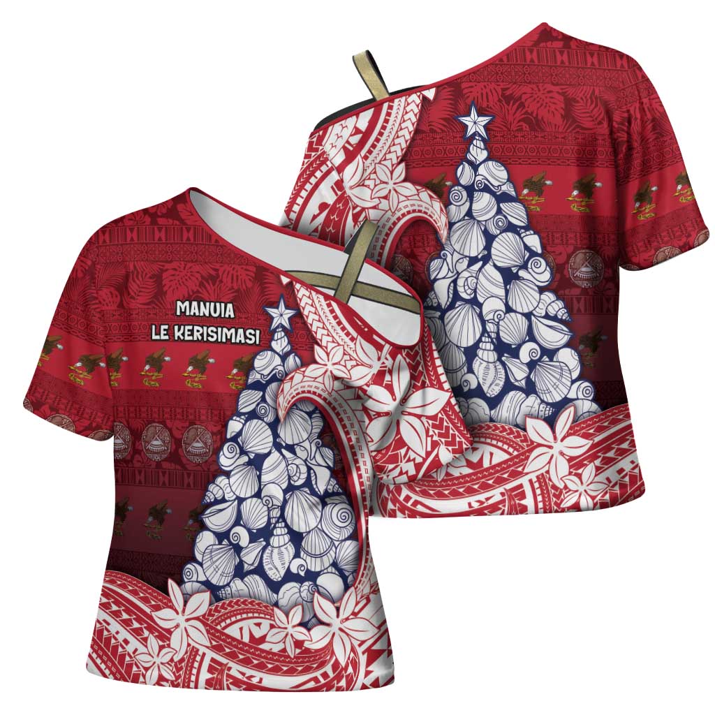 American Samoa Christmas Cross Shoulder Shirt Seashell Xmas Tree Tribal Waves - Polynesian Pride