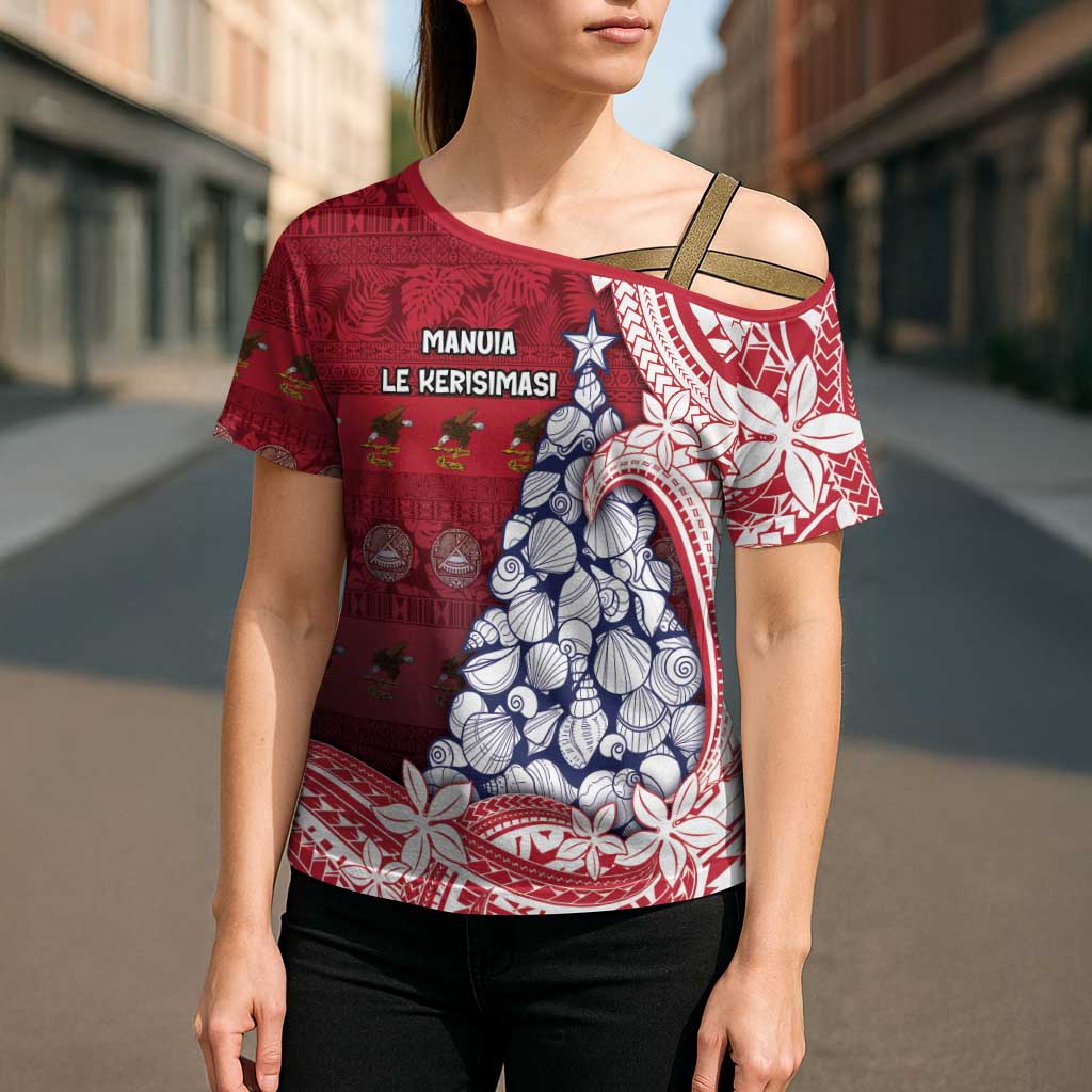 American Samoa Christmas Cross Shoulder Shirt Seashell Xmas Tree Tribal Waves - Polynesian Pride