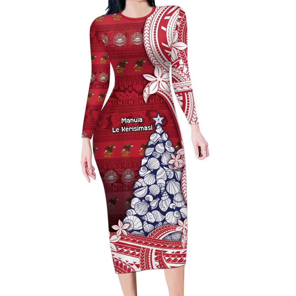 American Samoa Christmas Family Matching Long Sleeve Bodycon Dress and Hawaiian Shirt Seashell Xmas Tree Tribal Waves DT05 Mom's Dress Red - Polynesian Pride