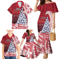 American Samoa Christmas Family Matching Mermaid Dress and Hawaiian Shirt Seashell Xmas Tree Tribal Waves DT05 - Polynesian Pride