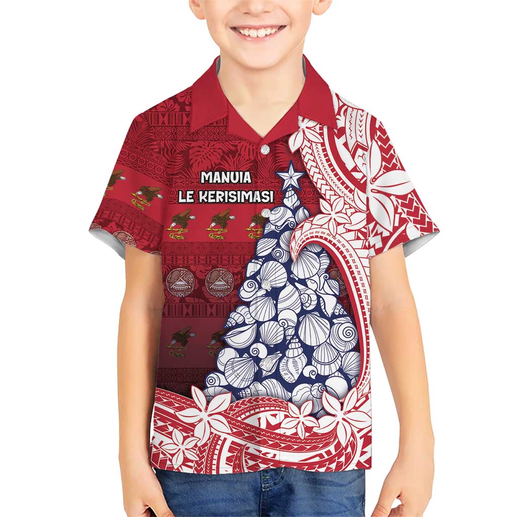 American Samoa Christmas Family Matching Mermaid Dress and Hawaiian Shirt Seashell Xmas Tree Tribal Waves DT05 Son's Shirt Red - Polynesian Pride