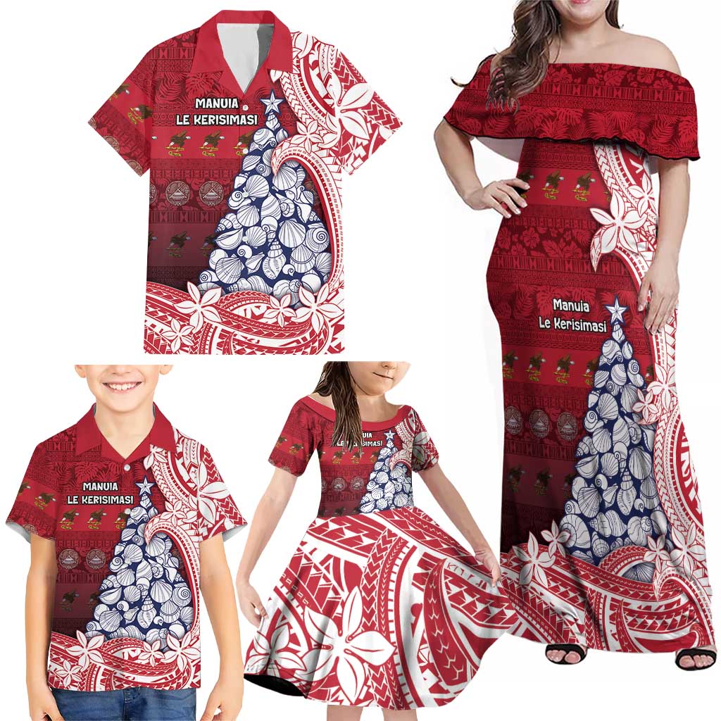 American Samoa Christmas Family Matching Off Shoulder Maxi Dress and Hawaiian Shirt Seashell Xmas Tree Tribal Waves - Polynesian Pride