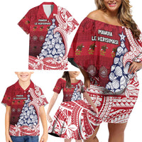 American Samoa Christmas Family Matching Off Shoulder Short Dress and Hawaiian Shirt Seashell Xmas Tree Tribal Waves - Polynesian Pride