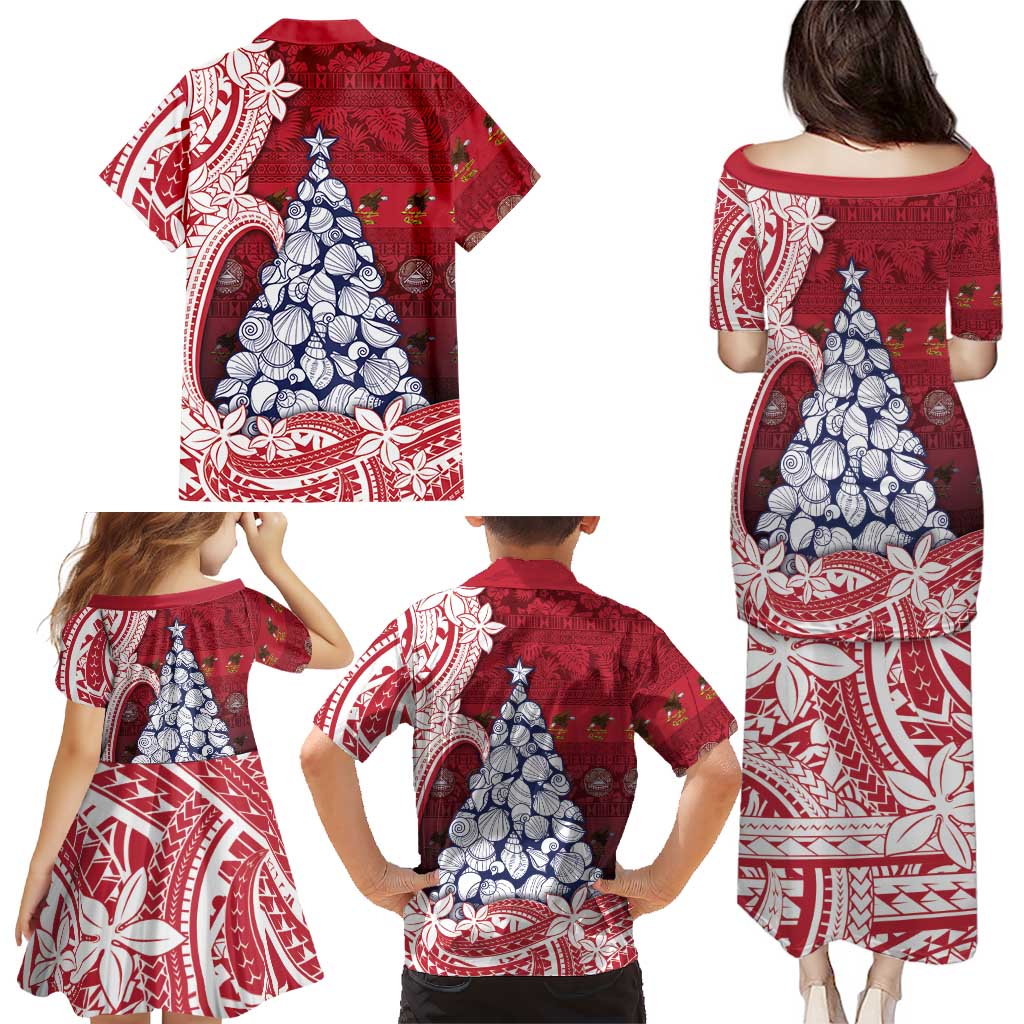 American Samoa Christmas Family Matching Puletasi and Hawaiian Shirt Seashell Xmas Tree Tribal Waves - Polynesian Pride