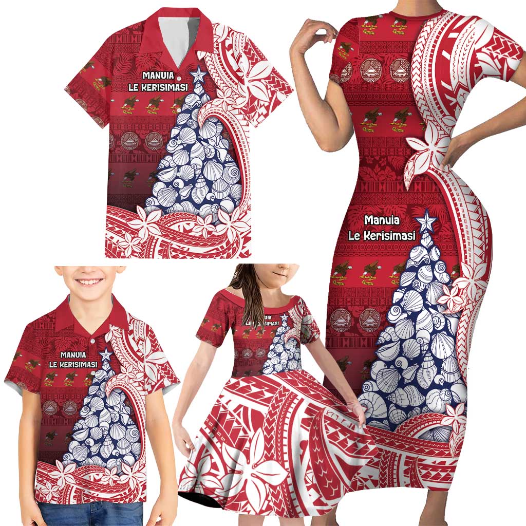 American Samoa Christmas Family Matching Short Sleeve Bodycon Dress and Hawaiian Shirt Seashell Xmas Tree Tribal Waves DT05 - Polynesian Pride