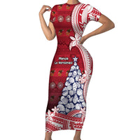American Samoa Christmas Family Matching Short Sleeve Bodycon Dress and Hawaiian Shirt Seashell Xmas Tree Tribal Waves DT05 Mom's Dress Red - Polynesian Pride