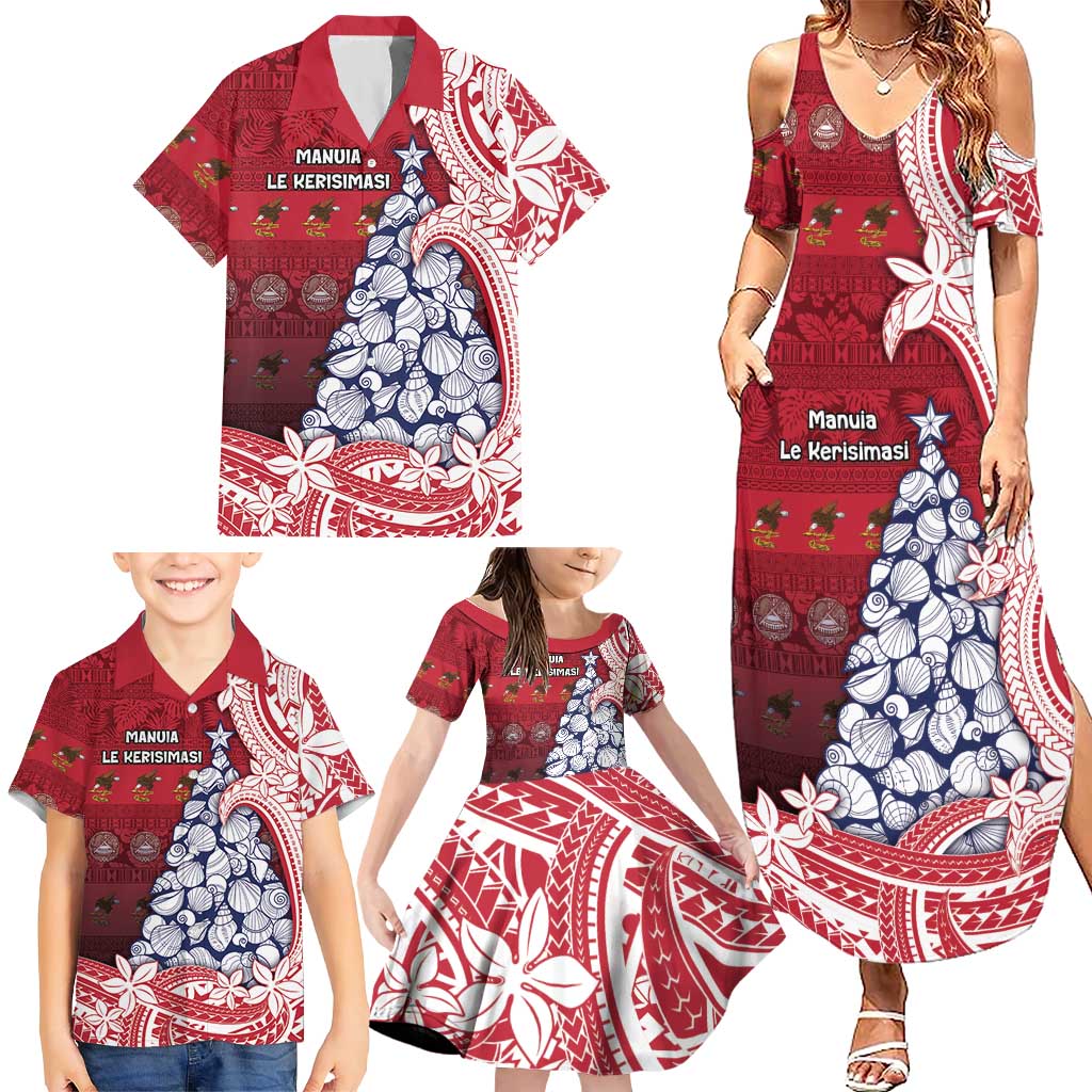 American Samoa Christmas Family Matching Summer Maxi Dress and Hawaiian Shirt Seashell Xmas Tree Tribal Waves - Polynesian Pride