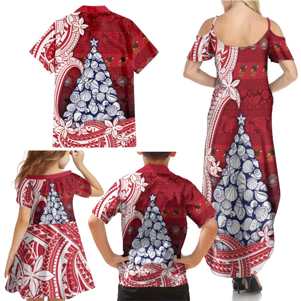 American Samoa Christmas Family Matching Summer Maxi Dress and Hawaiian Shirt Seashell Xmas Tree Tribal Waves - Polynesian Pride