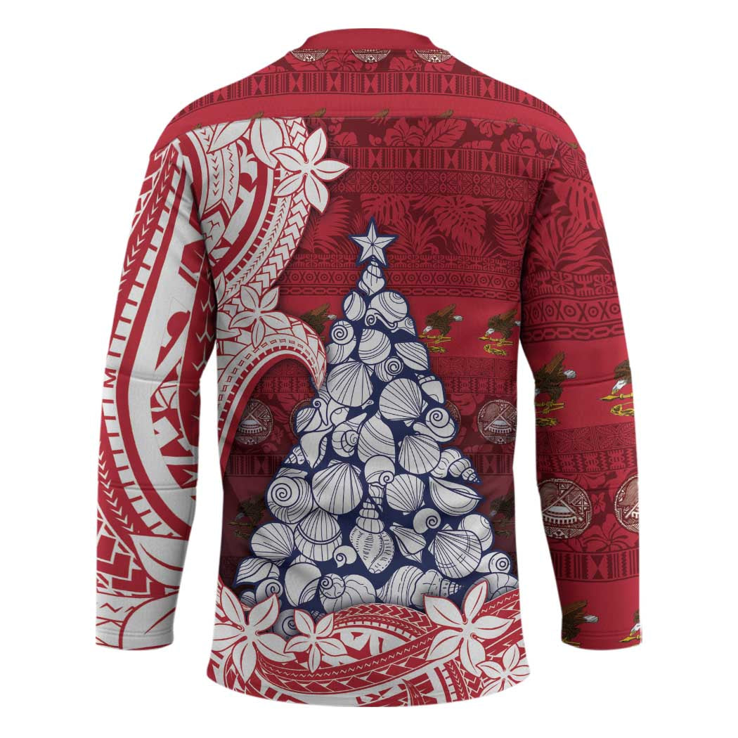 American Samoa Christmas Hockey Jersey Seashell Xmas Tree Tribal Waves - Polynesian Pride