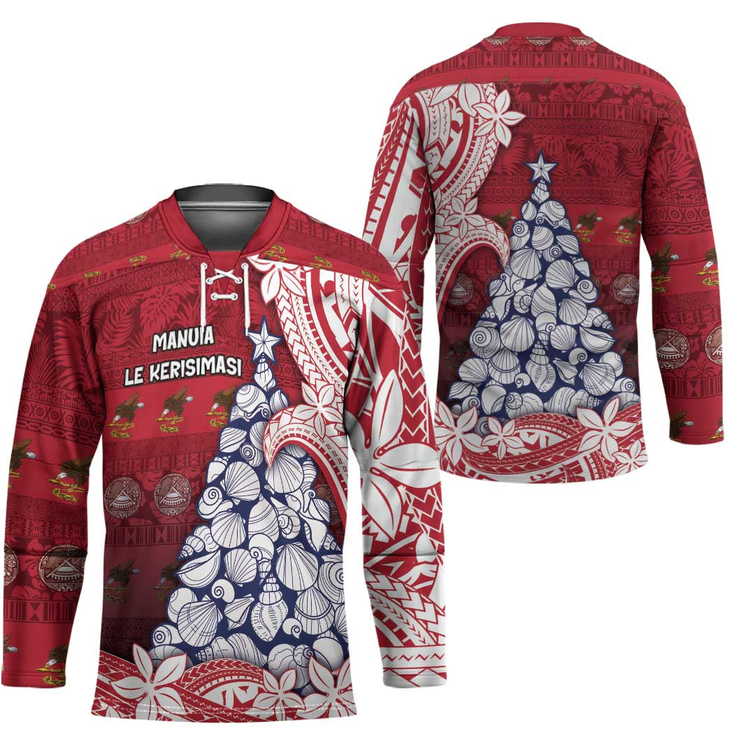 American Samoa Christmas Hockey Jersey Seashell Xmas Tree Tribal Waves - Polynesian Pride