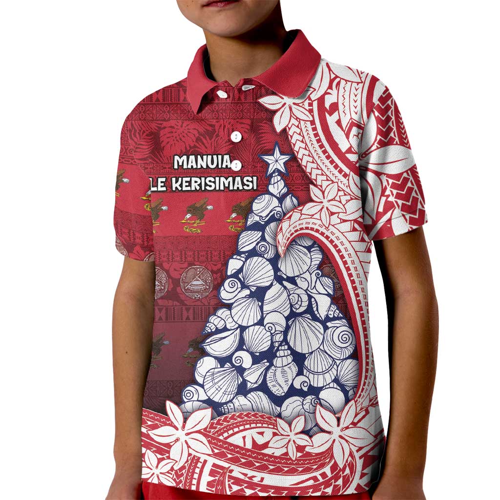 American Samoa Christmas Kid Polo Shirt Seashell Xmas Tree Tribal Waves - Polynesian Pride