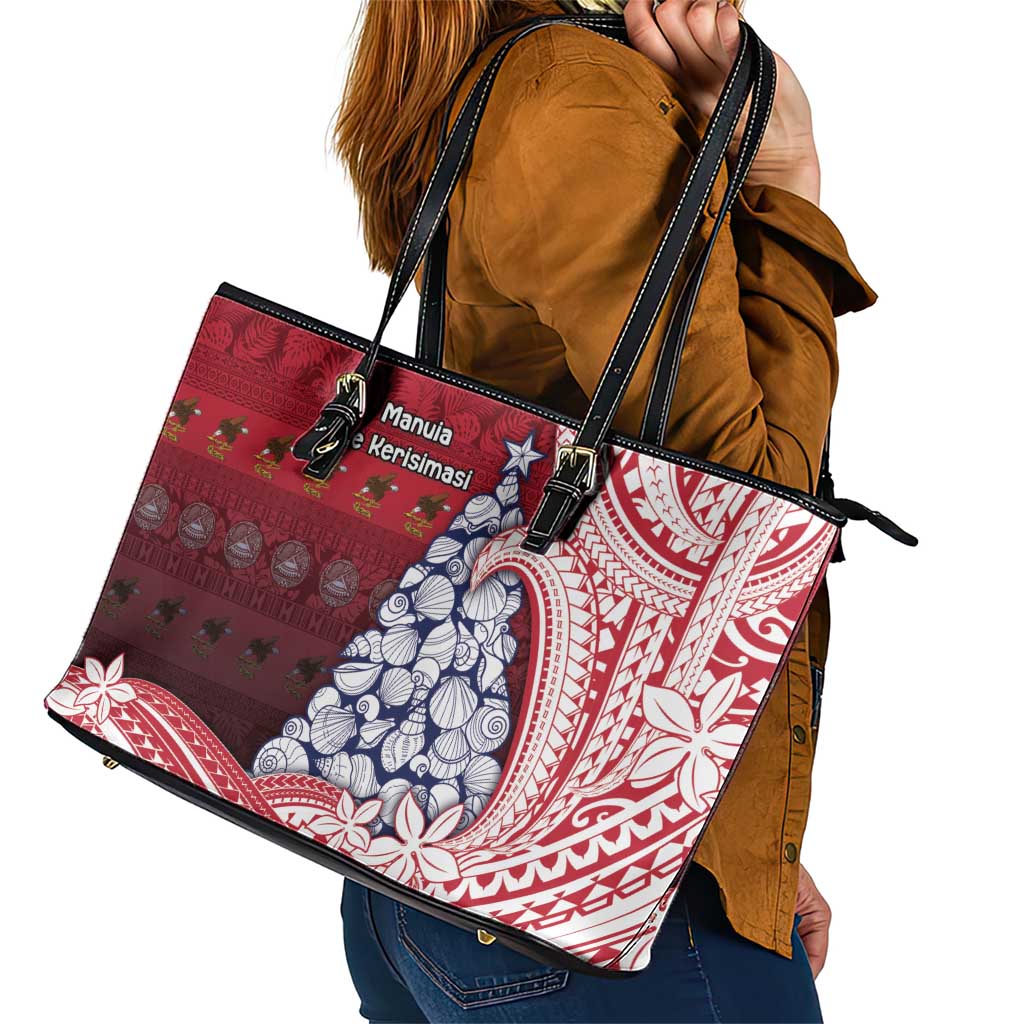 American Samoa Christmas Leather Tote Bag Seashell Xmas Tree Tribal Waves - Polynesian Pride