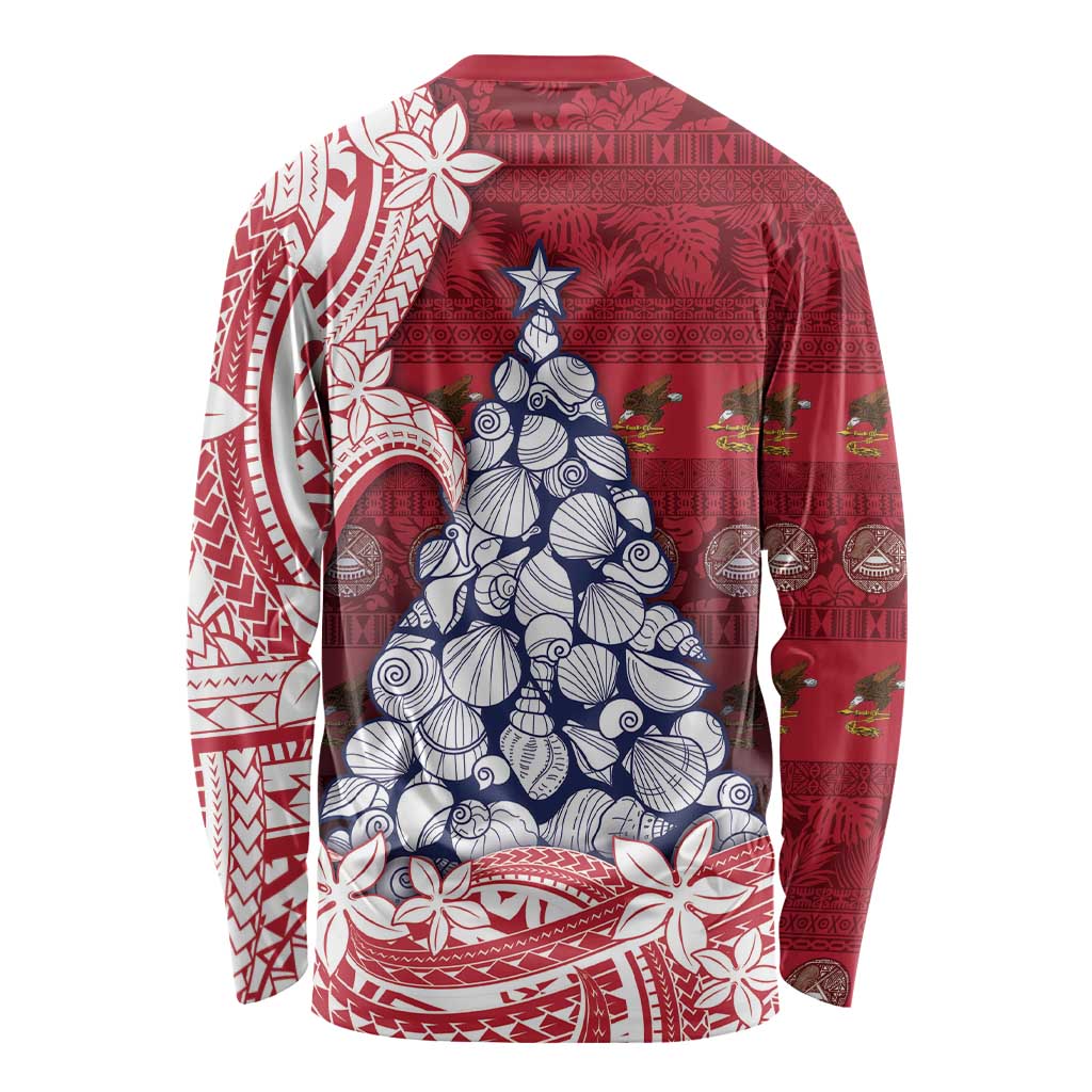 American Samoa Christmas Long Sleeve Shirt Seashell Xmas Tree Tribal Waves - Polynesian Pride