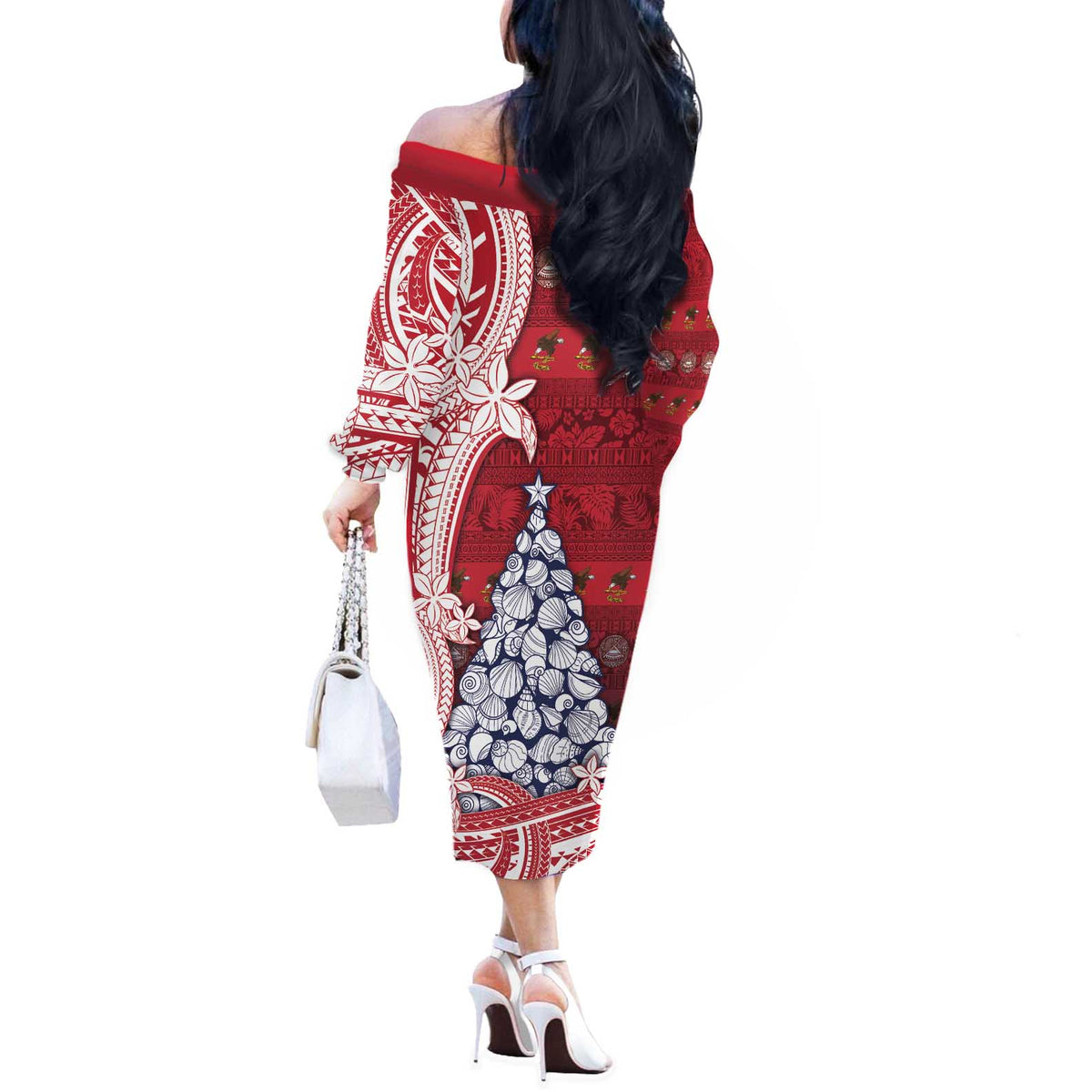 American Samoa Christmas Off The Shoulder Long Sleeve Dress Seashell Xmas Tree Tribal Waves - Polynesian Pride