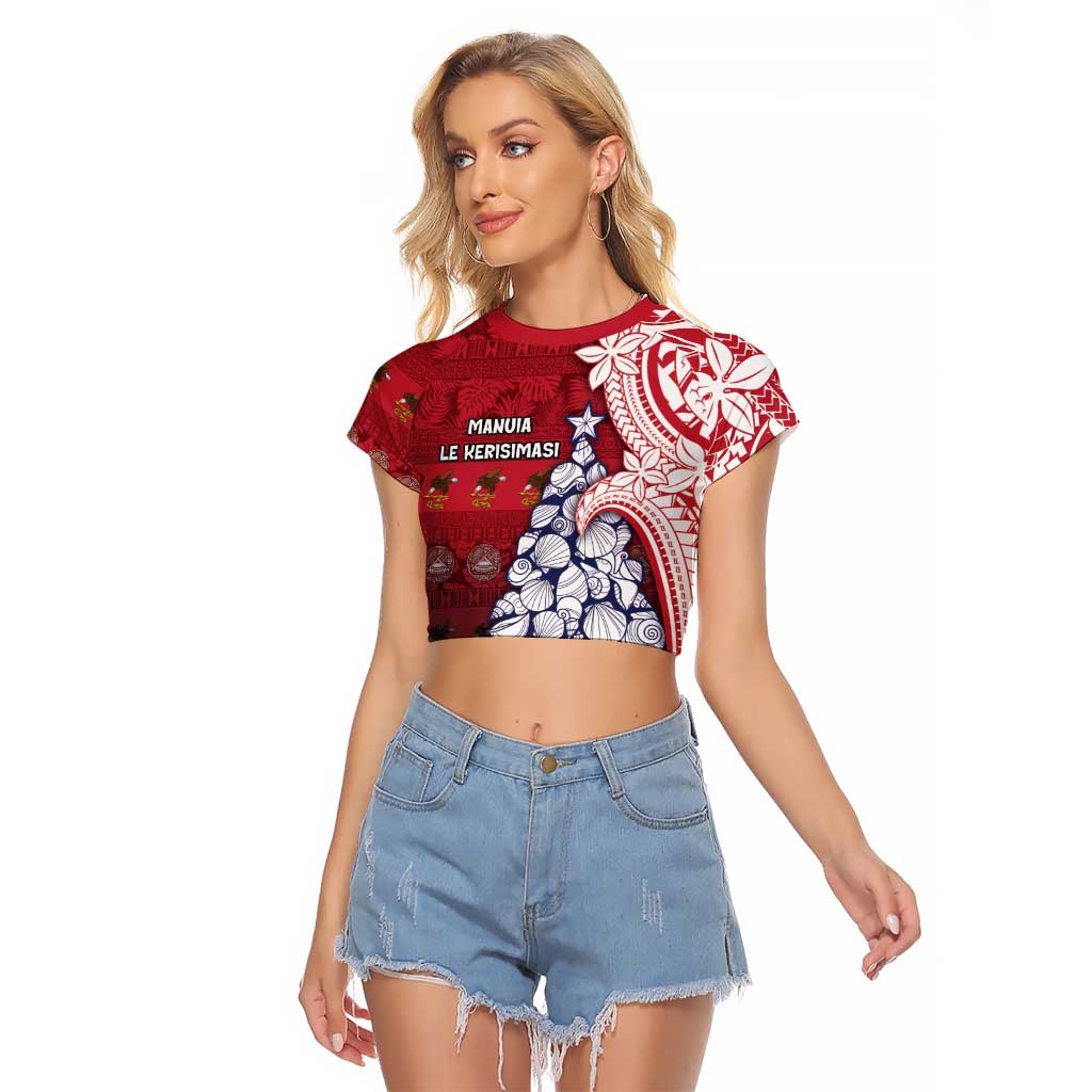American Samoa Christmas Raglan Cropped T Shirt Seashell Xmas Tree Tribal Waves - Polynesian Pride