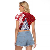 American Samoa Christmas Raglan Cropped T Shirt Seashell Xmas Tree Tribal Waves - Polynesian Pride