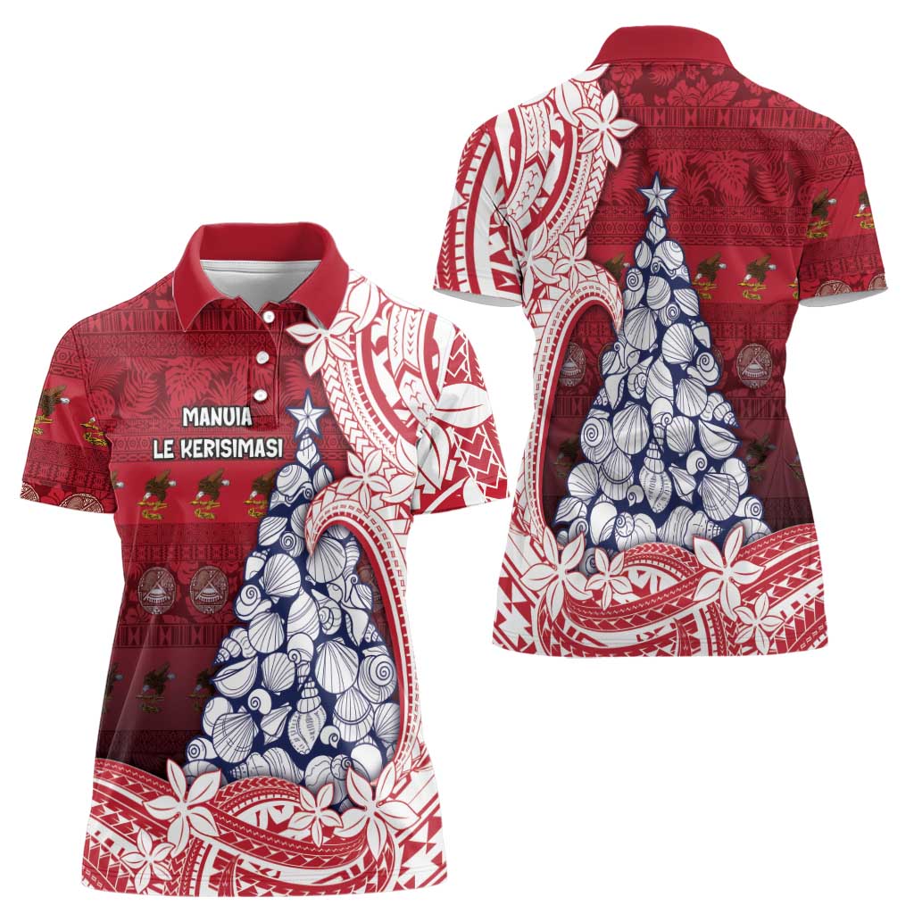 American Samoa Christmas Women Polo Shirt Seashell Xmas Tree Tribal Waves - Polynesian Pride