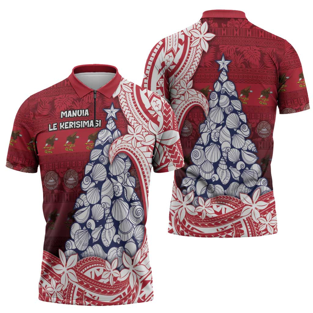 American Samoa Christmas Zipper Polo Shirt Seashell Xmas Tree Tribal Waves - Polynesian Pride