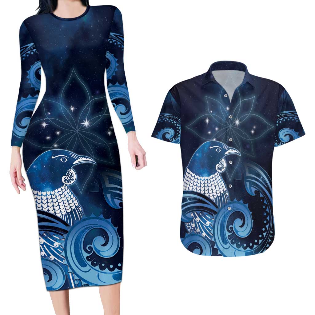 New Zealand Matariki Couples Matching Long Sleeve Bodycon Dress and Hawaiian Shirt Maori Tui Bird Blue Galaxy DT05 Blue - Polynesian Pride