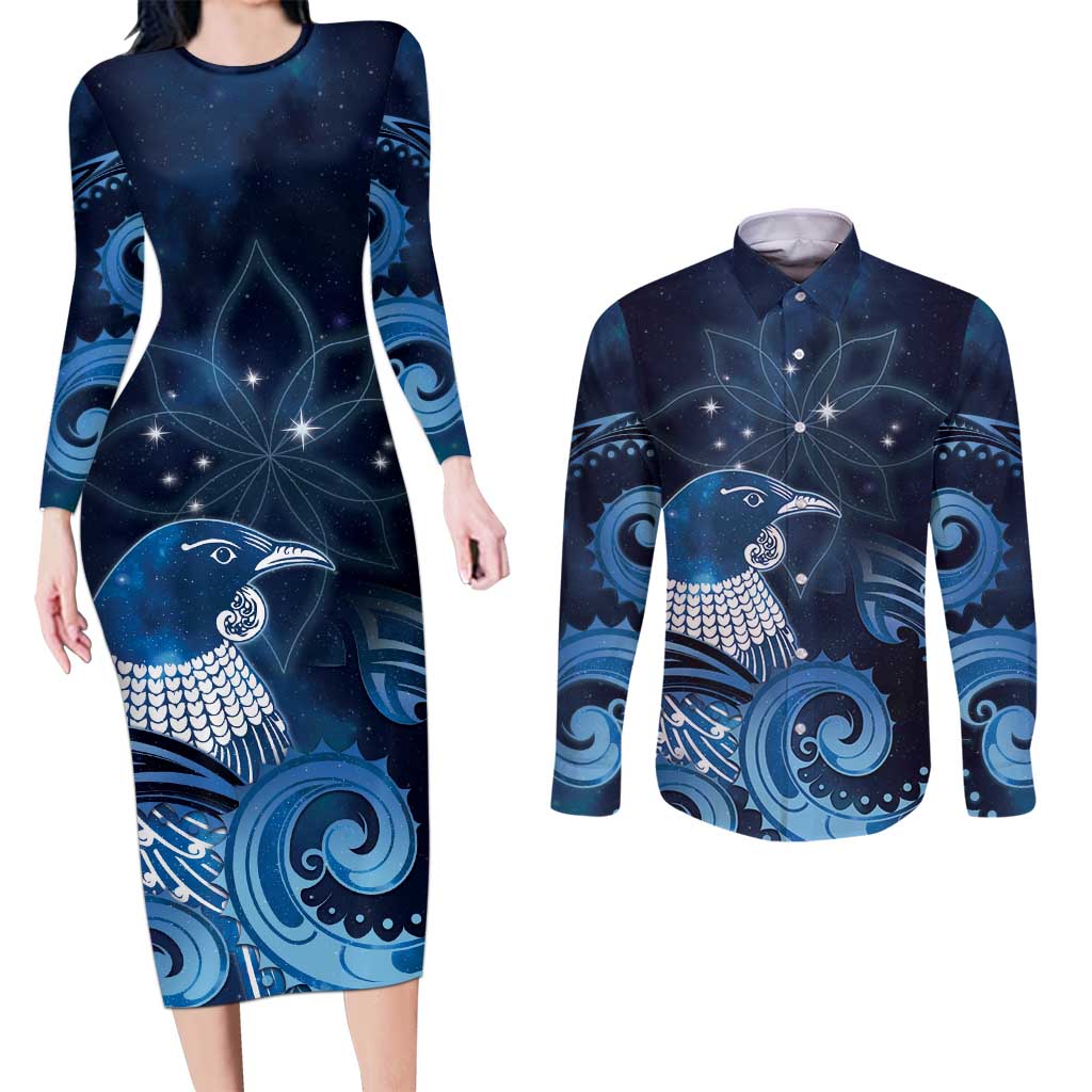 New Zealand Matariki Couples Matching Long Sleeve Bodycon Dress and Long Sleeve Button Shirt Maori Tui Bird Blue Galaxy DT05 Blue - Polynesian Pride