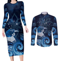 New Zealand Matariki Couples Matching Long Sleeve Bodycon Dress and Long Sleeve Button Shirt Maori Tui Bird Blue Galaxy DT05 Blue - Polynesian Pride